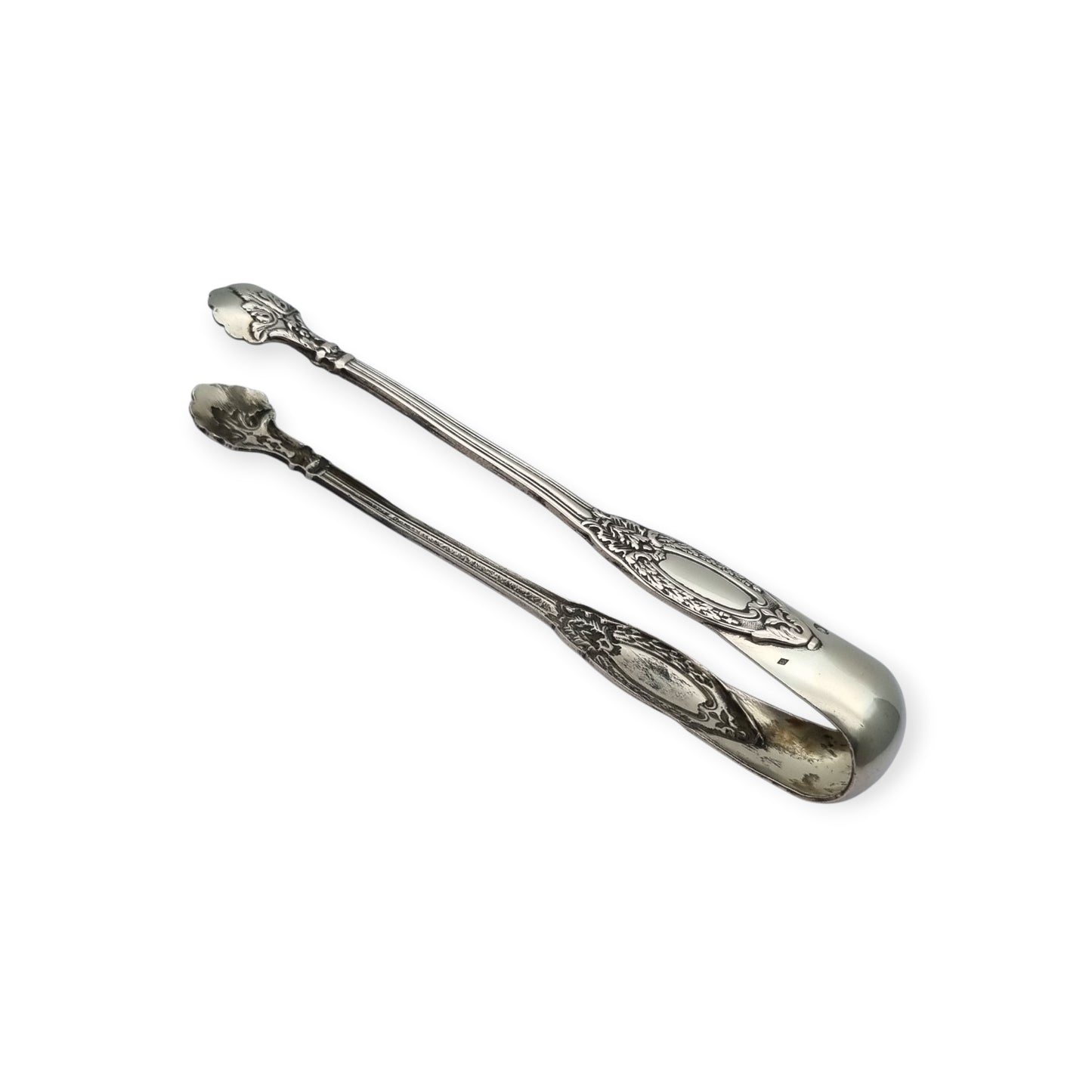 Pinzas para azúcar de plata francesa estilo rococó, plata 800, inicios siglo XX