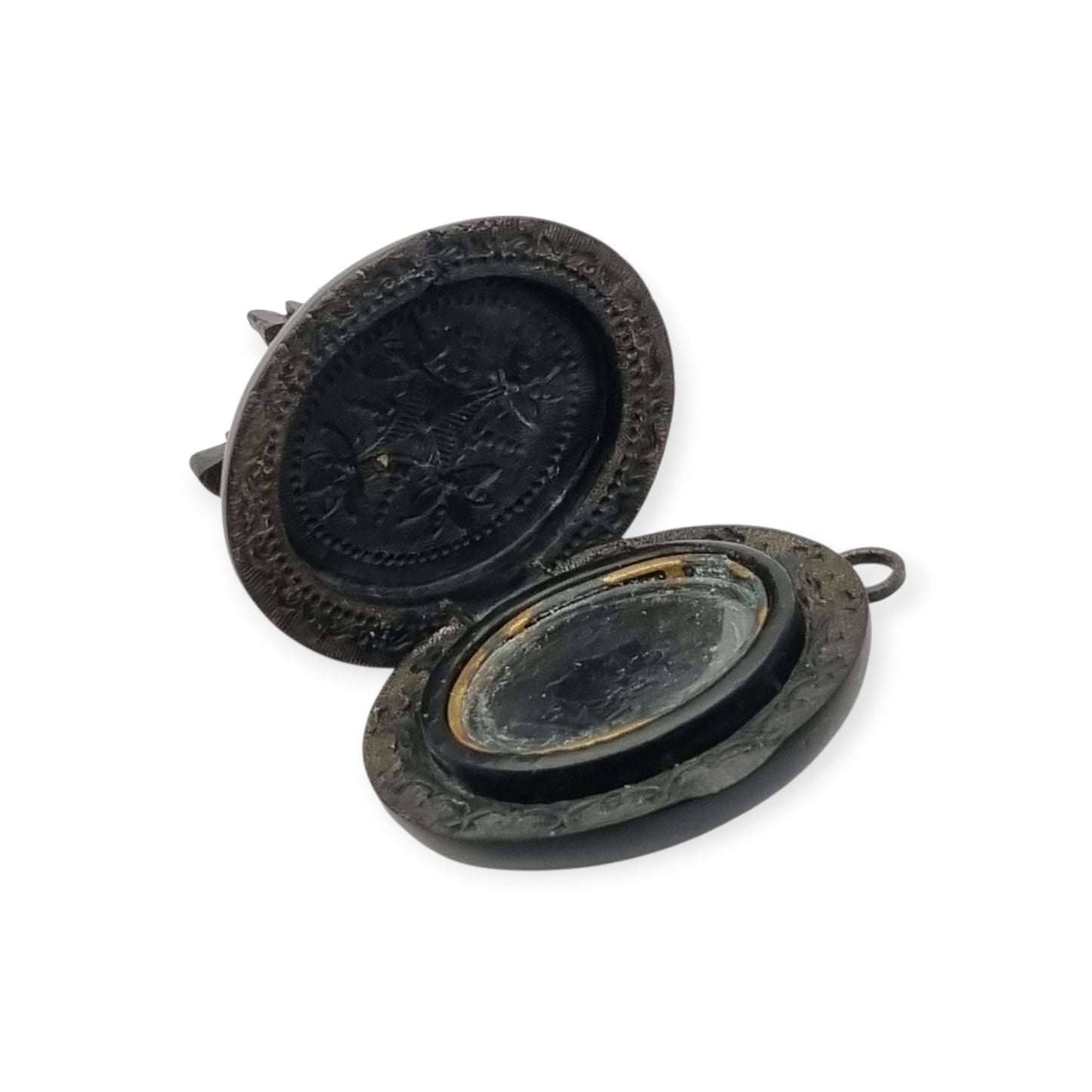 Antique Victorian vulcanite floral locket, circa 1880-1900, mourning jewelry