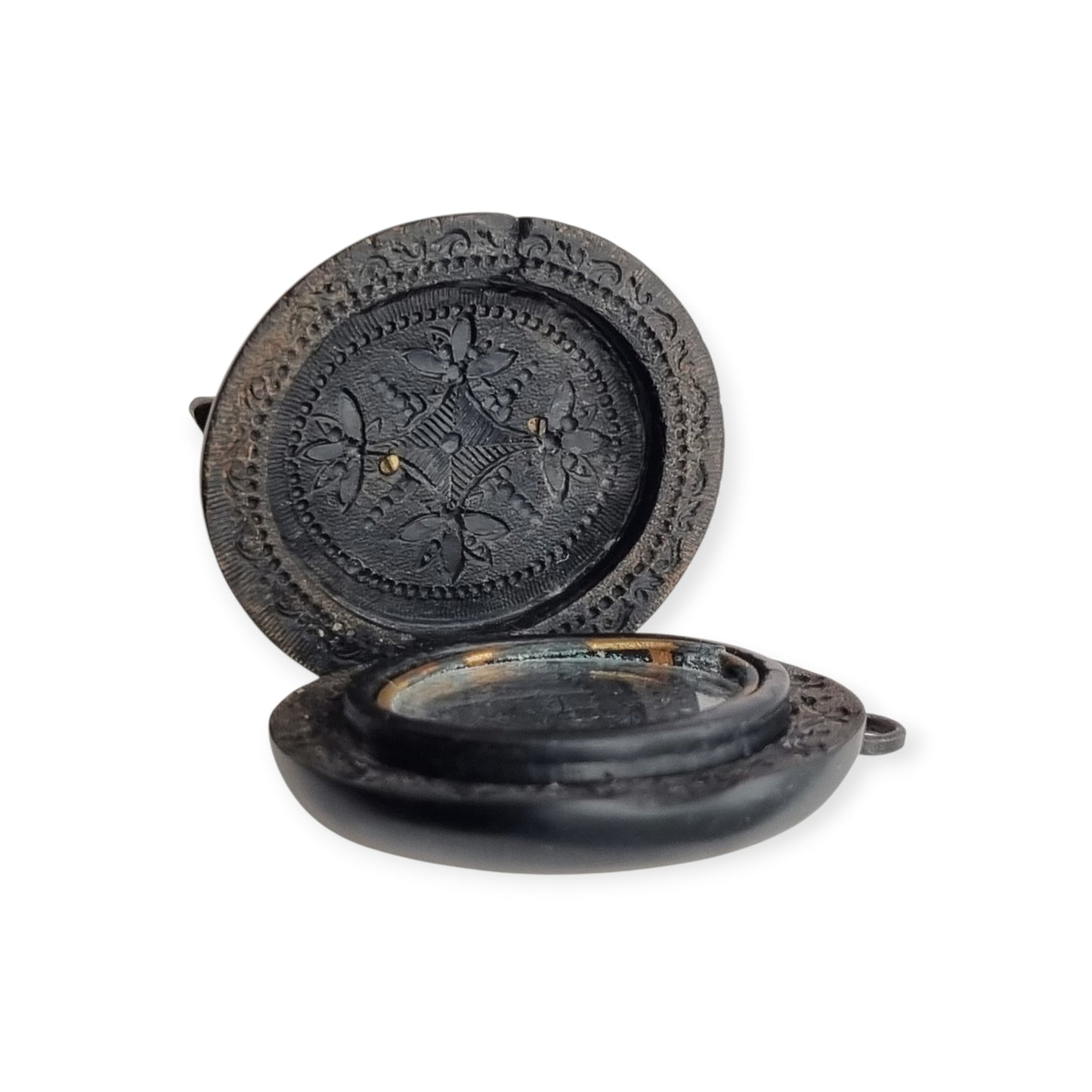 Antique Victorian vulcanite floral locket, circa 1880-1900, mourning jewelry