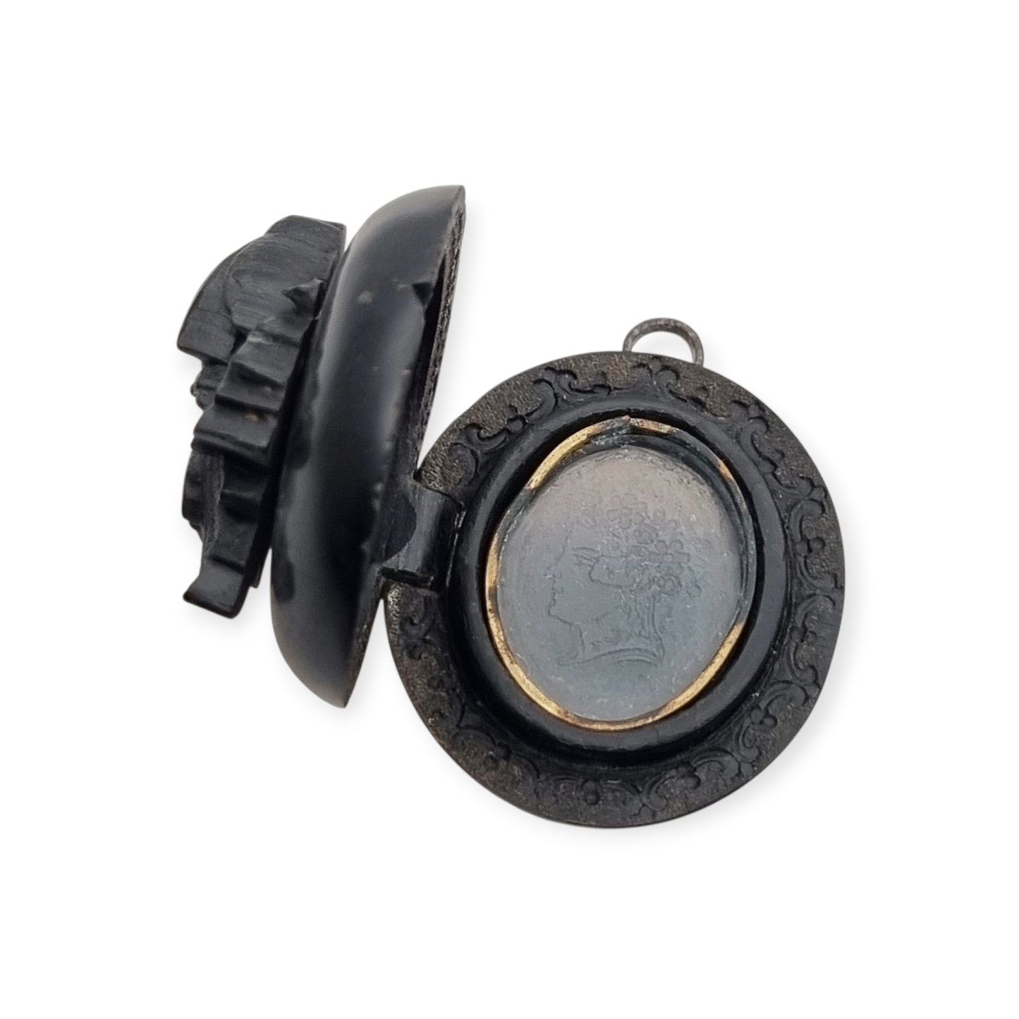 Antique Victorian vulcanite floral locket, circa 1880-1900, mourning jewelry
