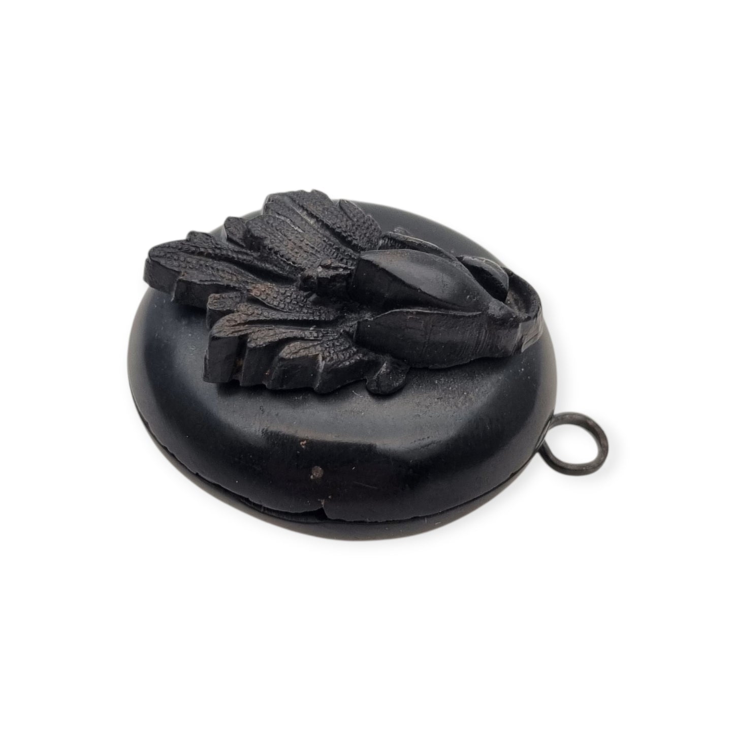 Antique Victorian vulcanite floral locket, circa 1880-1900, mourning jewelry