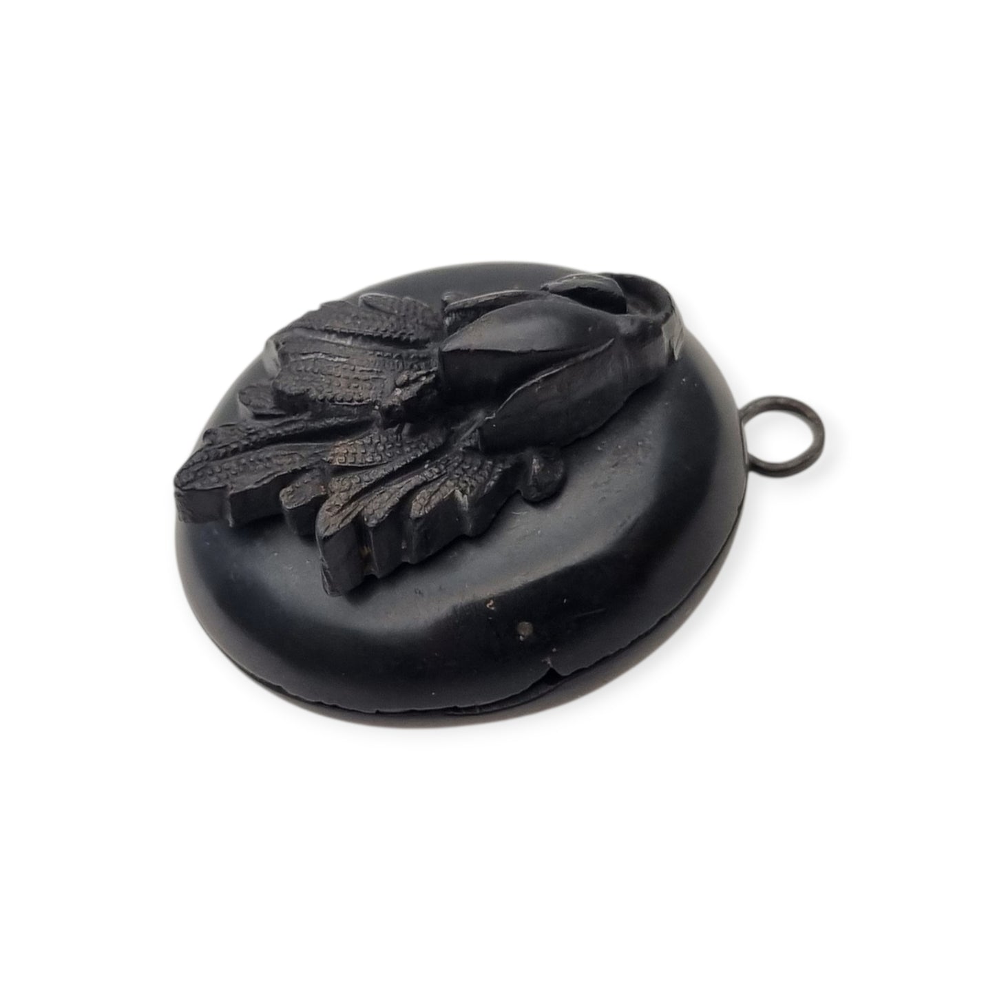 Antique Victorian vulcanite floral locket, circa 1880-1900, mourning jewelry