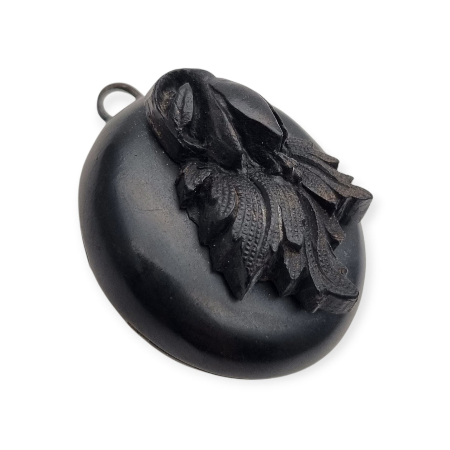 Antique Victorian vulcanite floral locket, circa 1880-1900, mourning jewelry