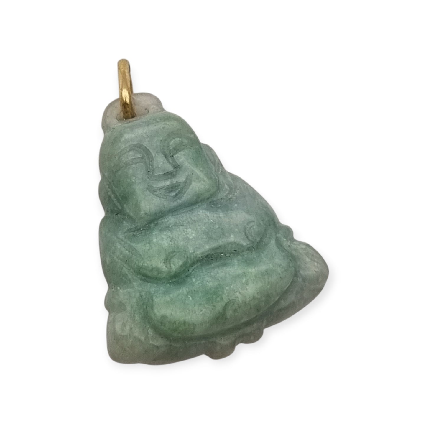 Colgante Buda circa 1970 en jade verde, amuleto de figura tallada con anilla en tono dorado