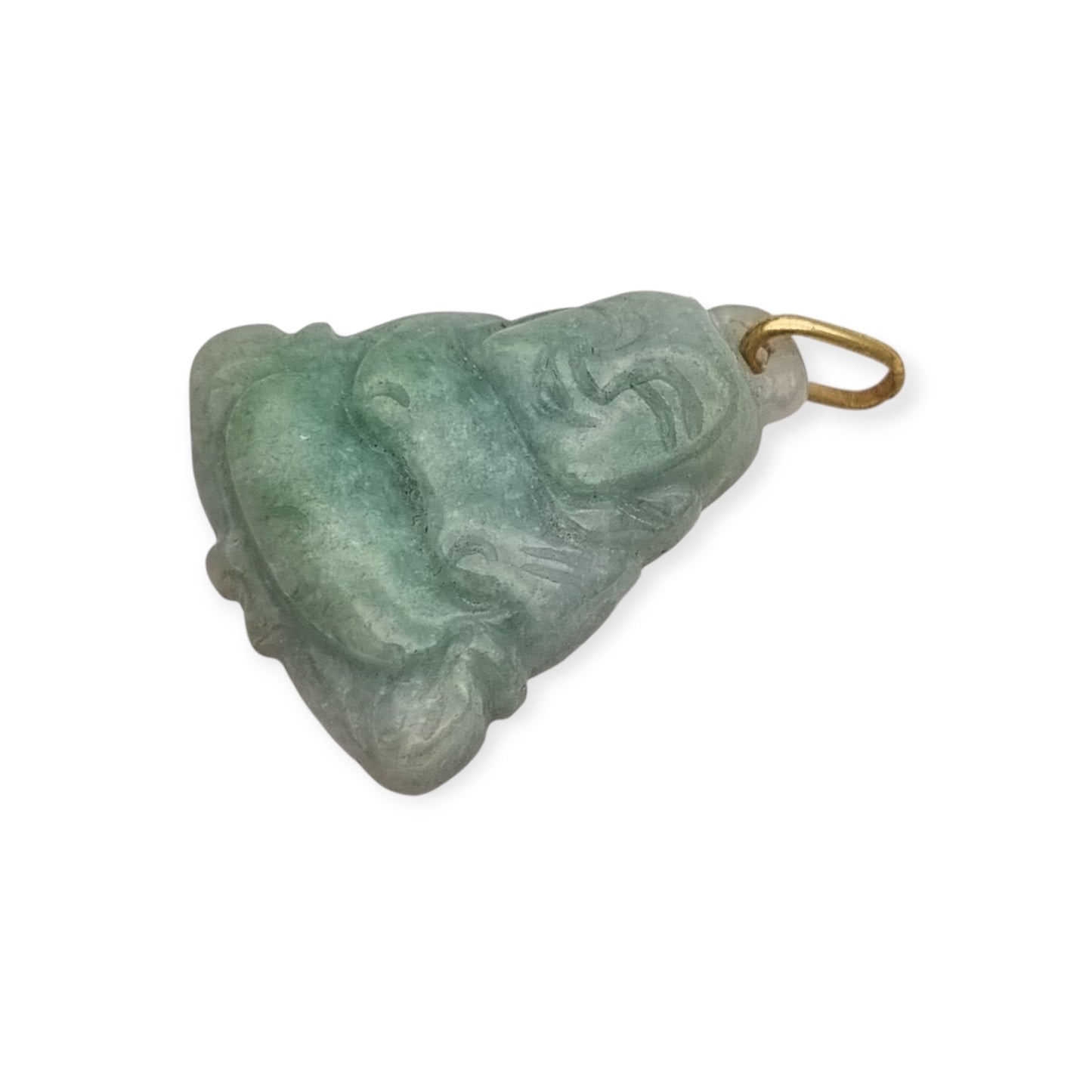 Colgante Buda circa 1970 en jade verde, amuleto de figura tallada con anilla en tono dorado