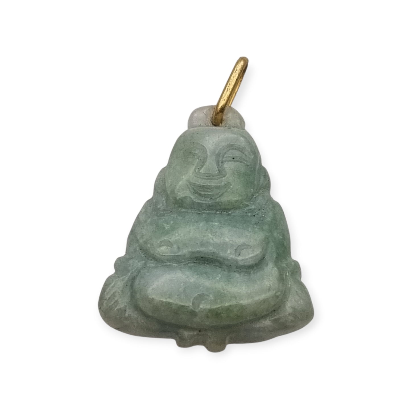 Colgante Buda circa 1970 en jade verde, amuleto de figura tallada con anilla en tono dorado