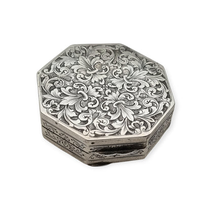 800 Silver Hexagonal Floral Box in Baroque Revival Style, Italy circa 1930