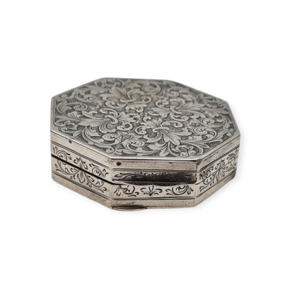 800 Silver Hexagonal Floral Box in Baroque Revival Style, Italy circa 1930