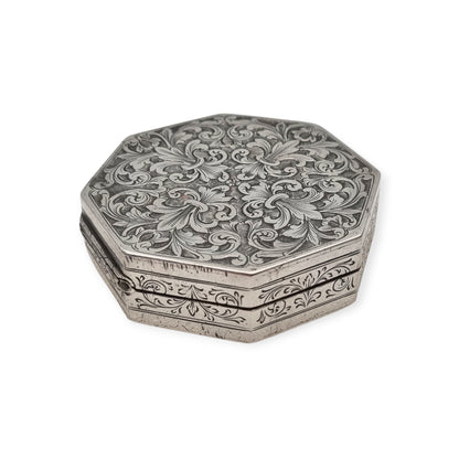 800 Silver Hexagonal Floral Box in Baroque Revival Style, Italy circa 1930