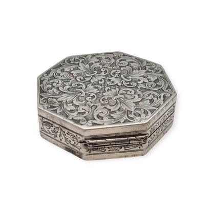 800 Silver Hexagonal Floral Box in Baroque Revival Style, Italy circa 1930
