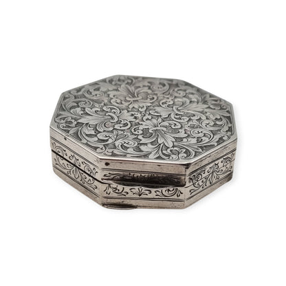 800 Silver Hexagonal Floral Box in Baroque Revival Style, Italy circa 1930