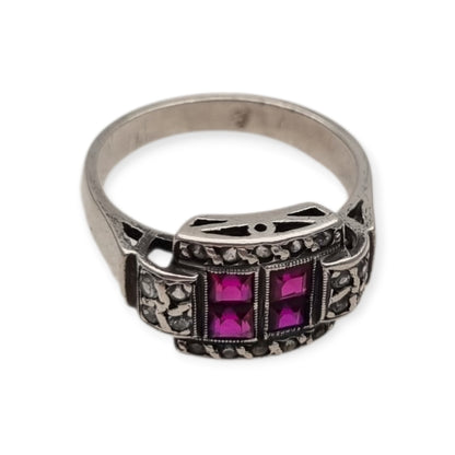 French Art Deco sterling silver ruby and white gemstone ring, circa 1930.