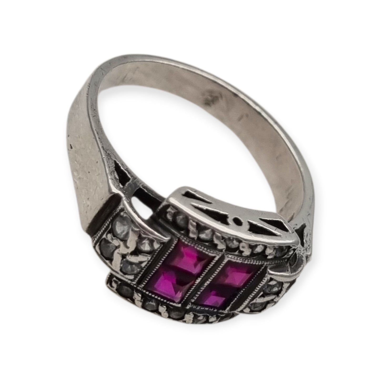 French Art Deco sterling silver ruby and white gemstone ring, circa 1930.