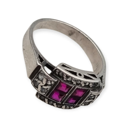 French Art Deco sterling silver ruby and white gemstone ring, circa 1930.