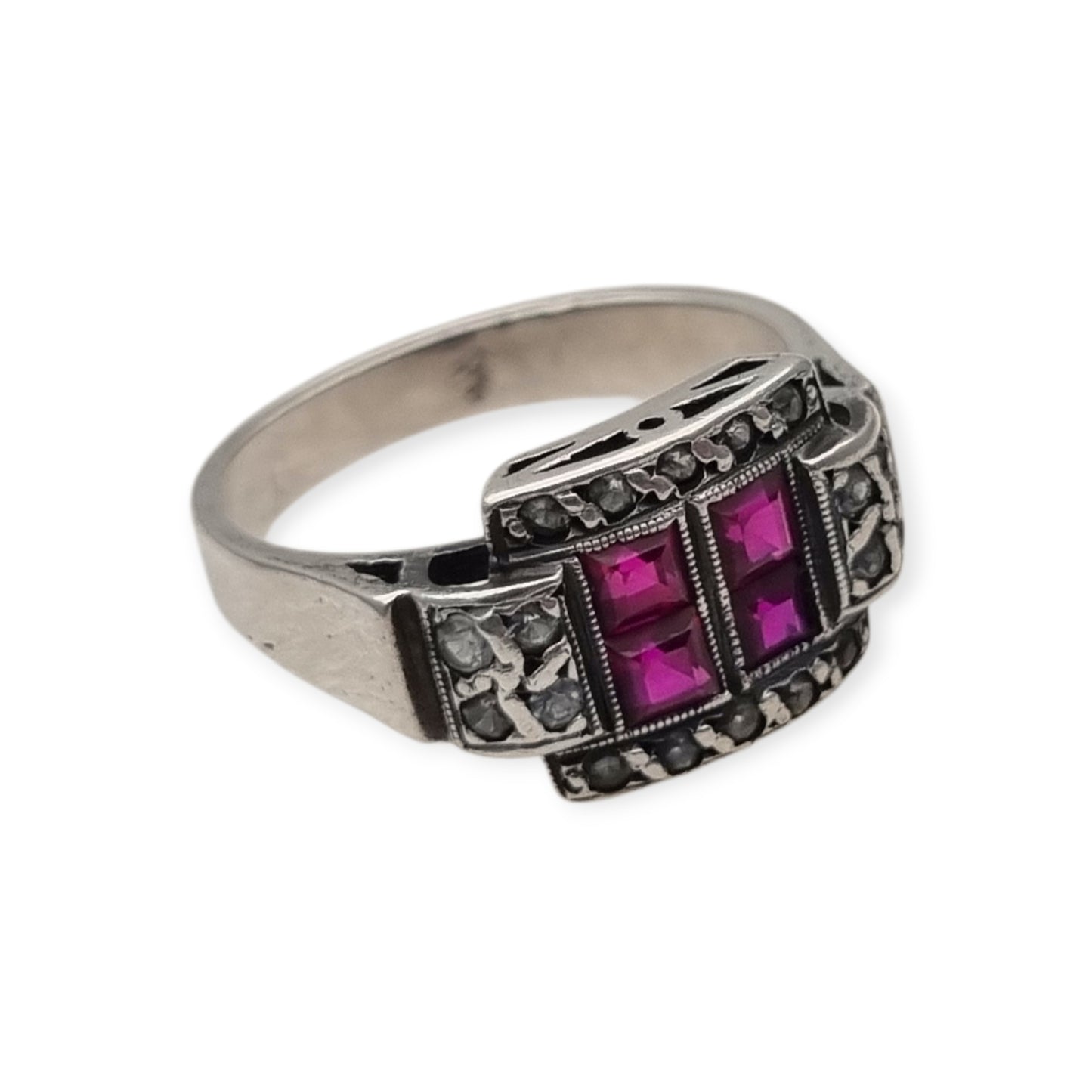 French Art Deco sterling silver ruby and white gemstone ring, circa 1930.