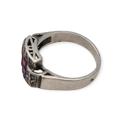 French Art Deco sterling silver ruby and white gemstone ring, circa 1930.