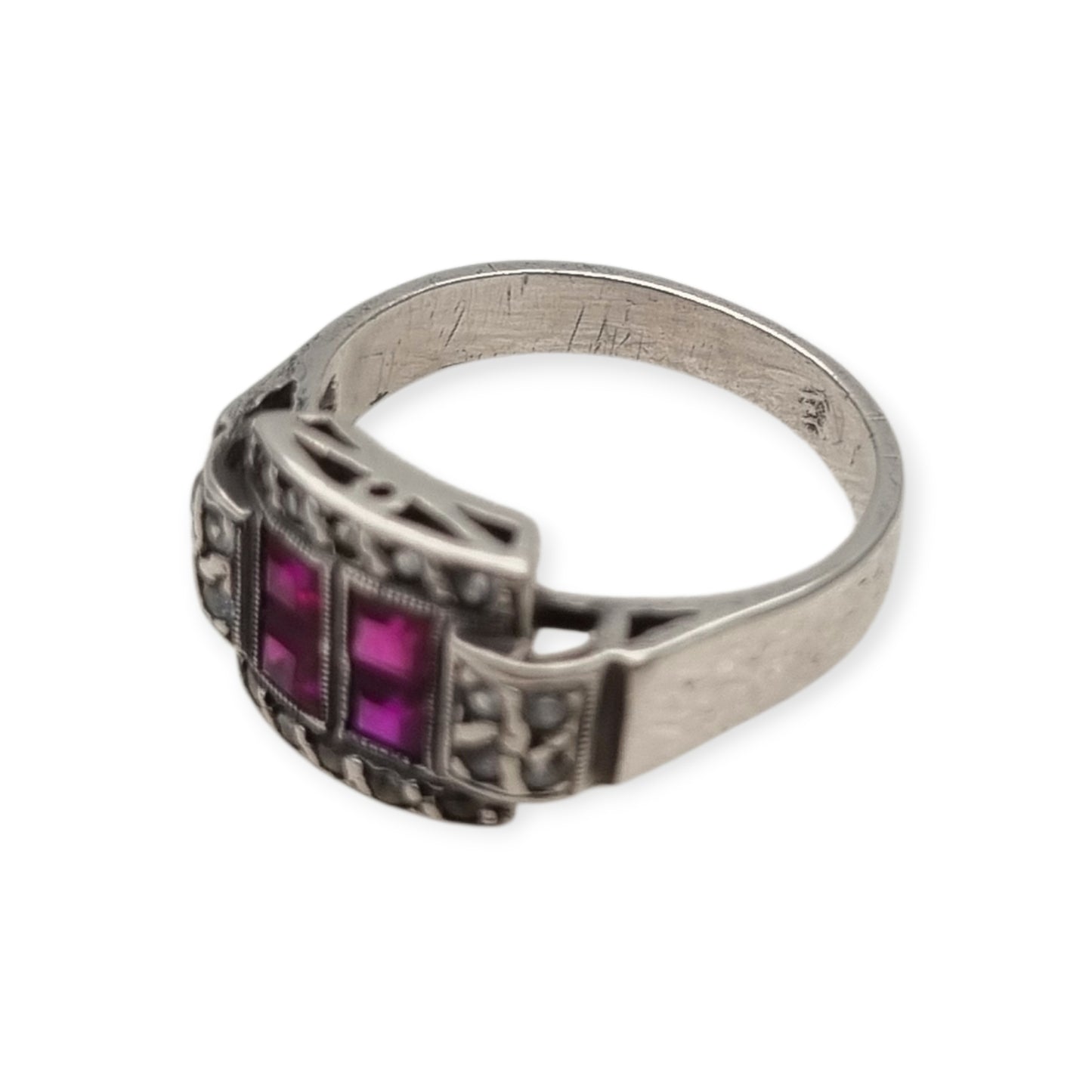 French Art Deco sterling silver ruby and white gemstone ring, circa 1930.