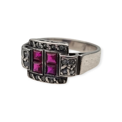 French Art Deco sterling silver ruby and white gemstone ring, circa 1930.