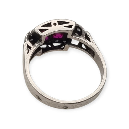 French Art Deco sterling silver ruby and white gemstone ring, circa 1930.