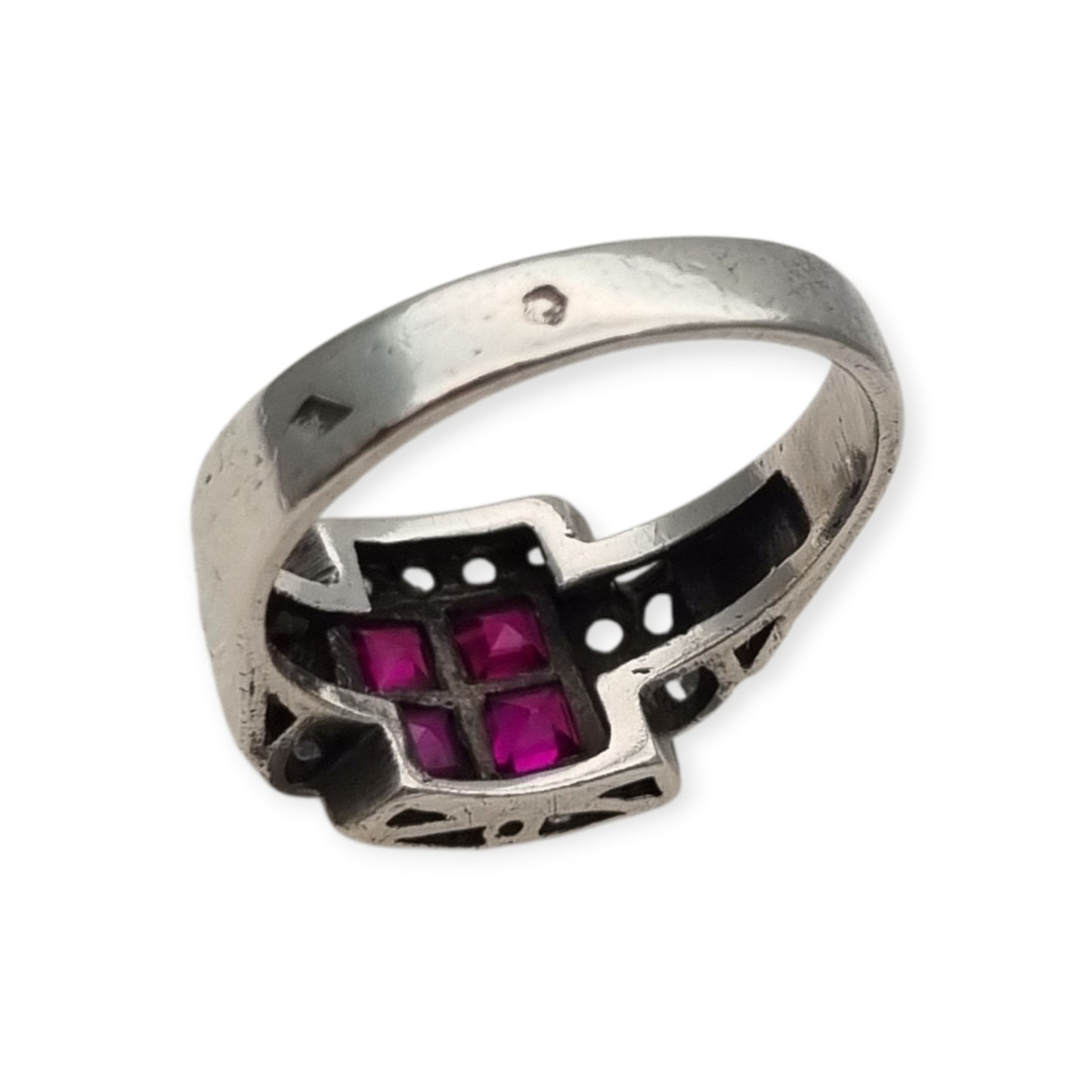 French Art Deco sterling silver ruby and white gemstone ring, circa 1930.