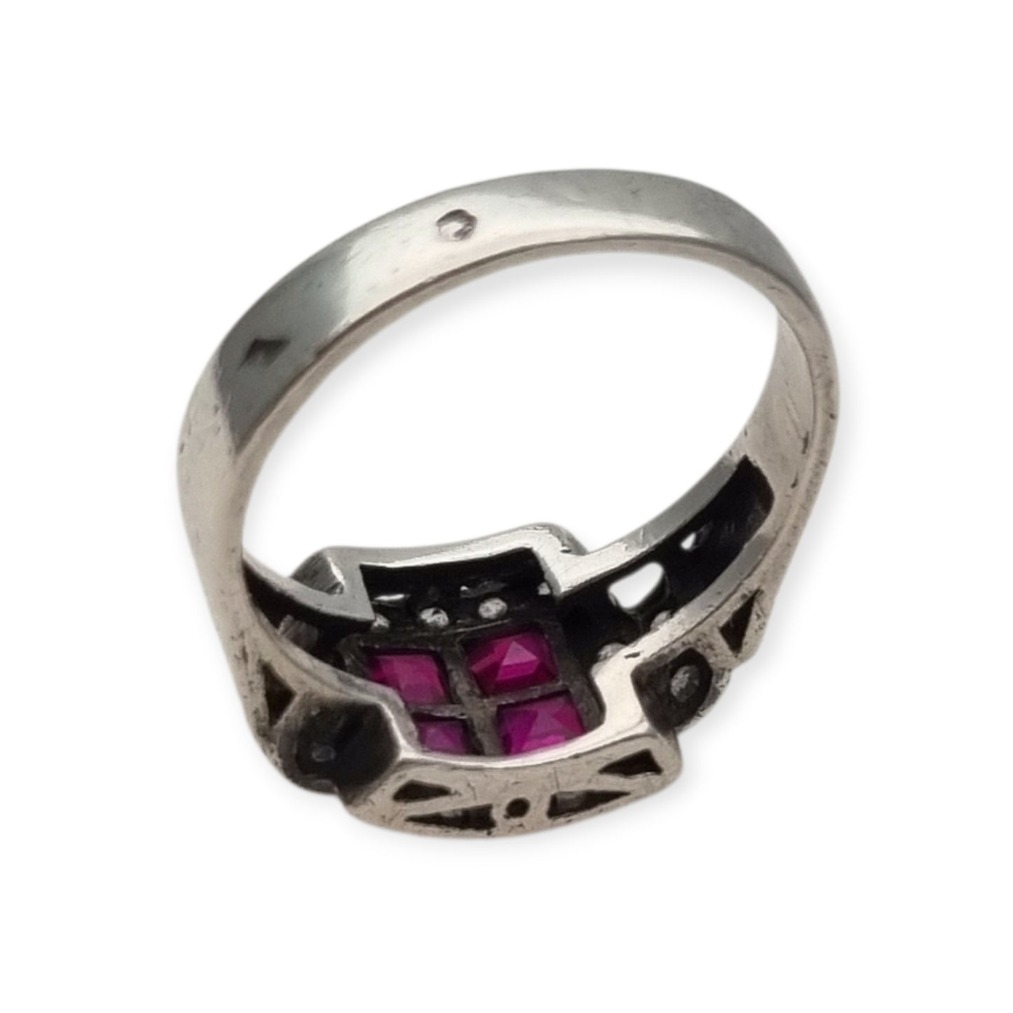 French Art Deco sterling silver ruby and white gemstone ring, circa 1930.