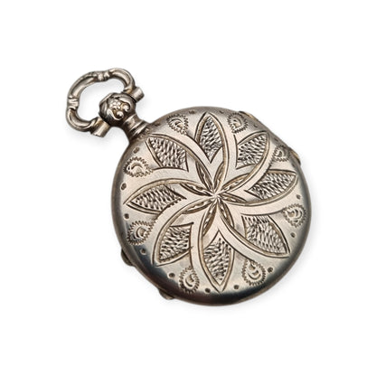 Victorian silver locket with European floral engraving, circa 1910