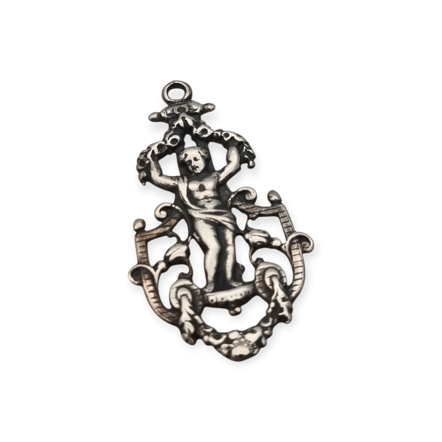 Pendant with putto in openwork 925 silver, Neo-Baroque inspiration, contemporary manufacture