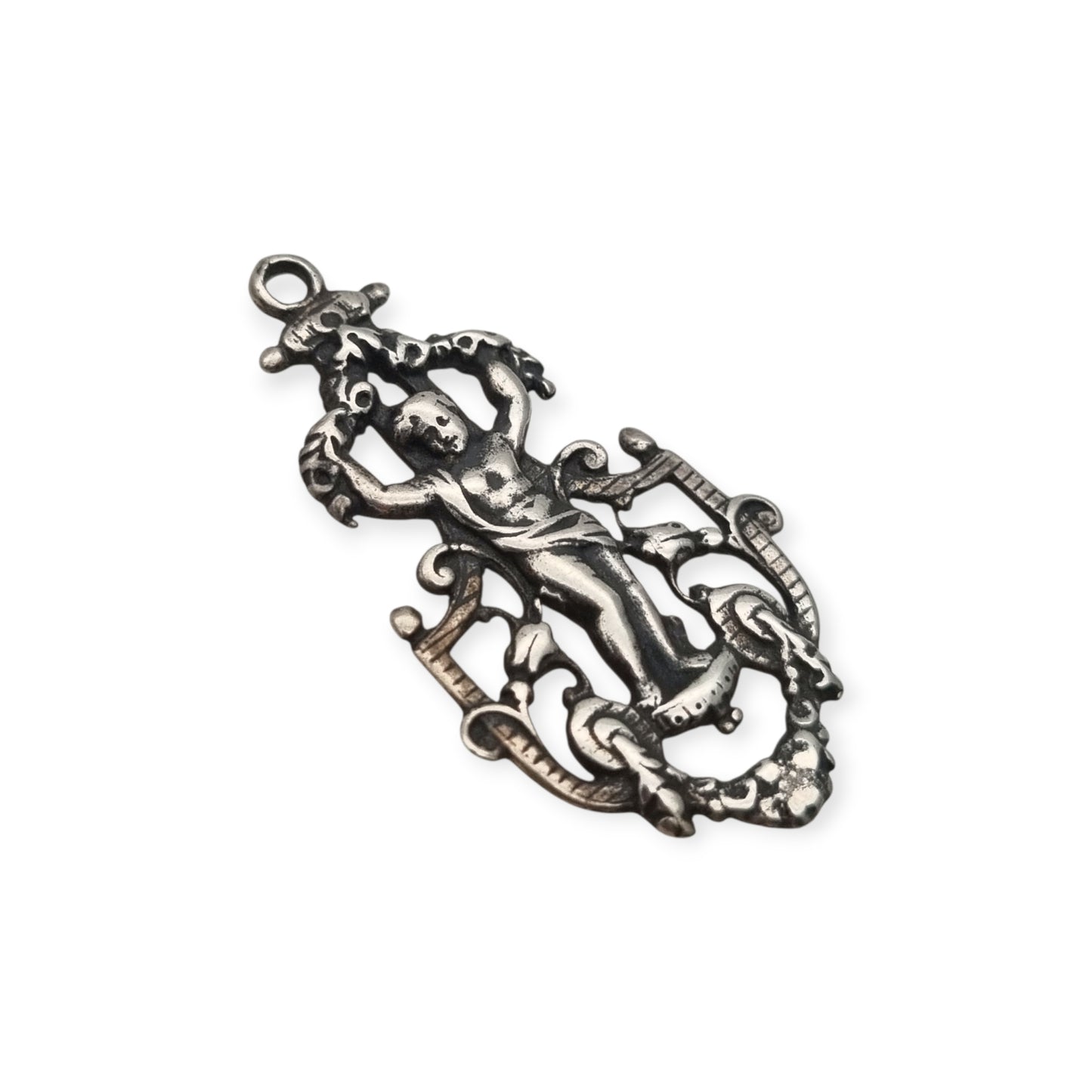 Pendant with putto in openwork 925 silver, Neo-Baroque inspiration, contemporary manufacture