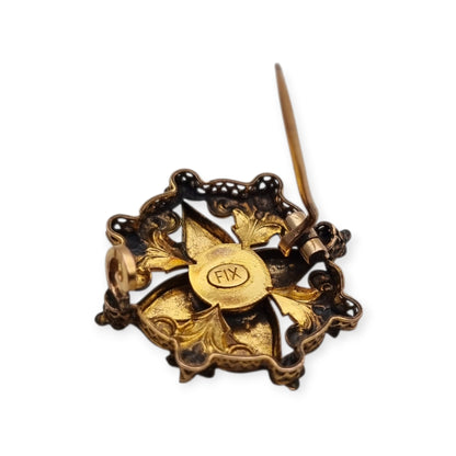Broche de cuello victoriano FIX en oro laminado y perla central, Francia circa 1900