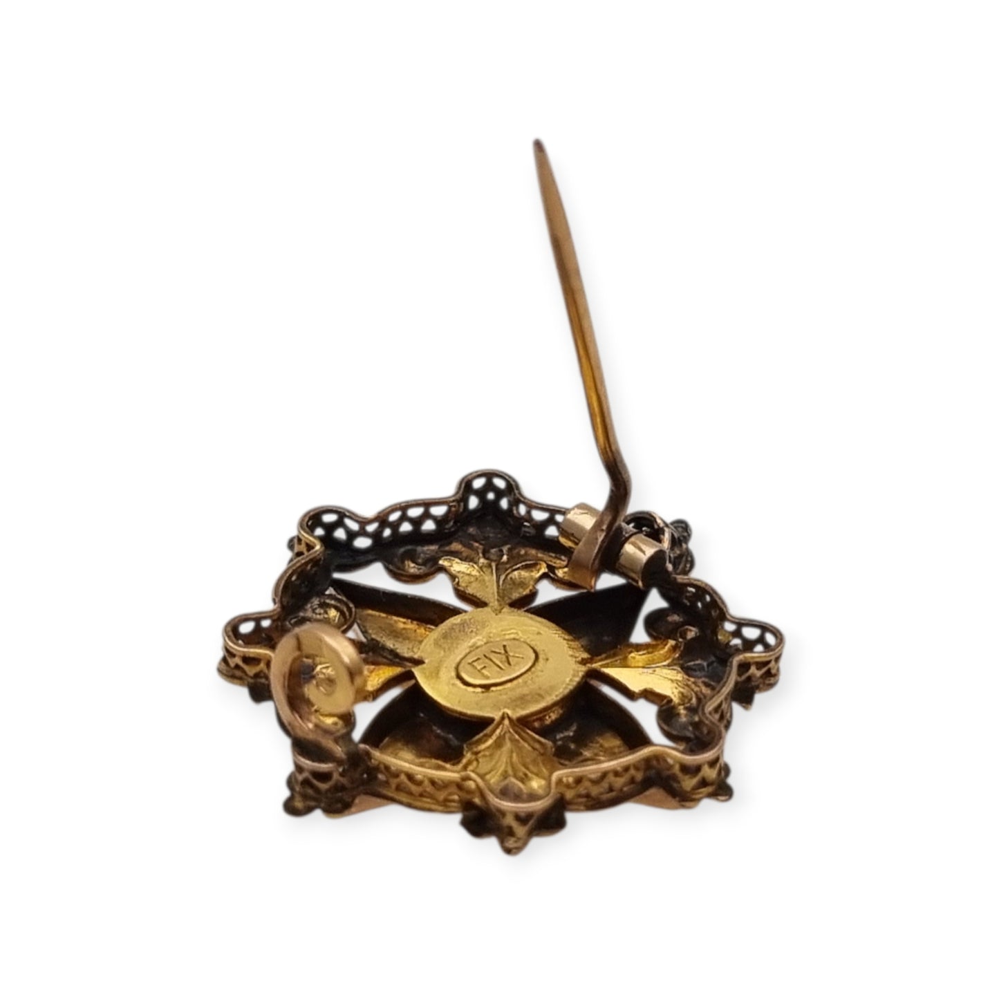 Broche de cuello victoriano FIX en oro laminado y perla central, Francia circa 1900