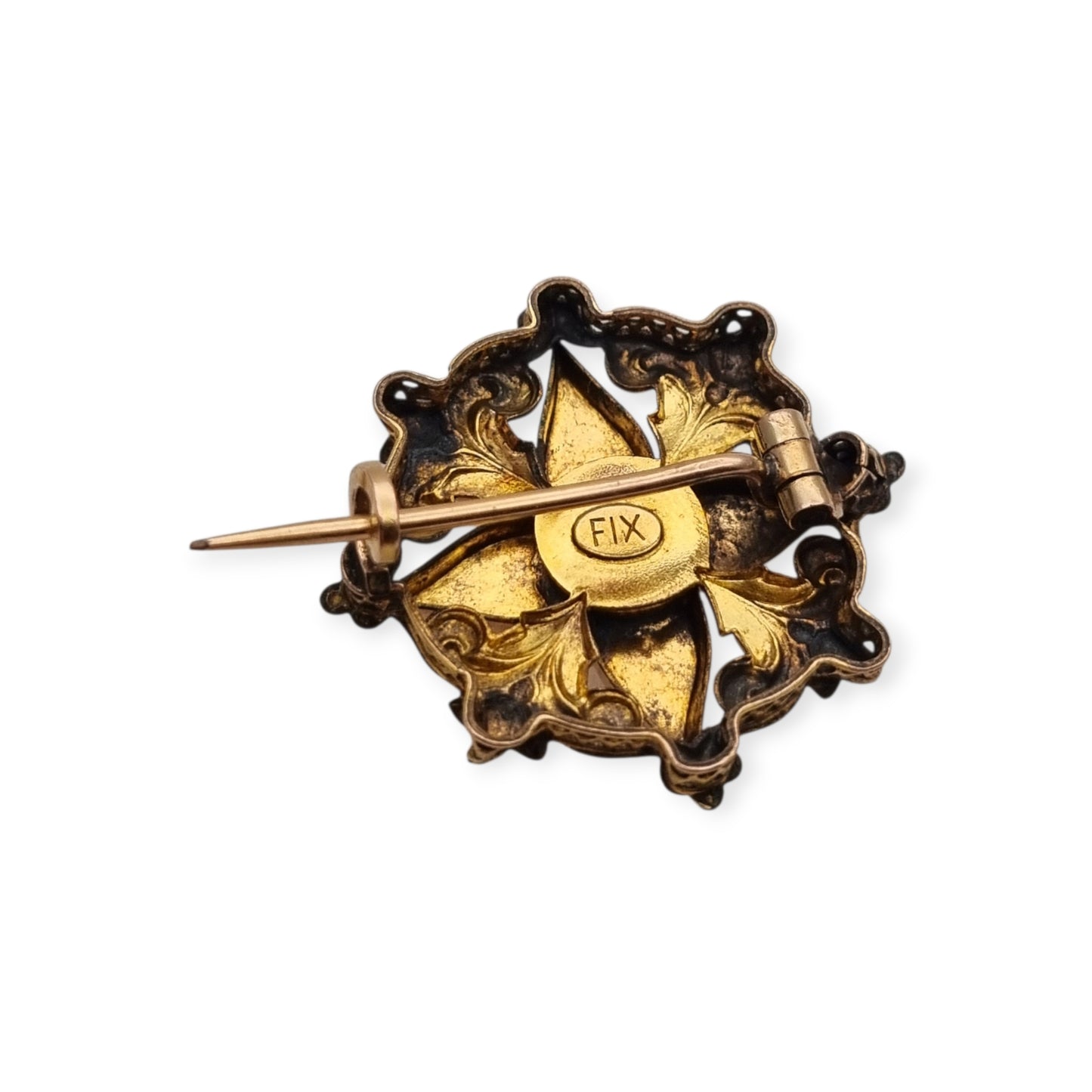 Broche de cuello victoriano FIX en oro laminado y perla central, Francia circa 1900