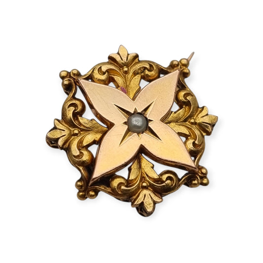 Broche de cuello victoriano FIX en oro laminado y perla central, Francia circa 1900