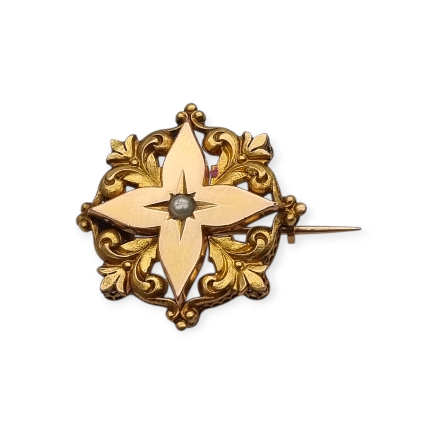 Broche de cuello victoriano FIX en oro laminado y perla central, Francia circa 1900
