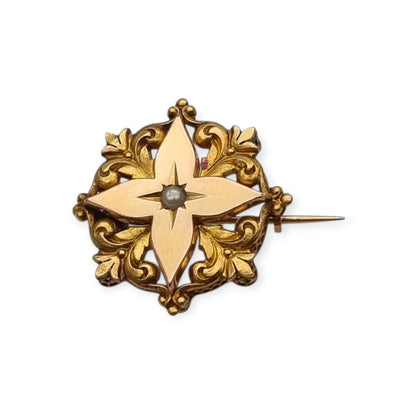 Broche de cuello victoriano FIX en oro laminado y perla central, Francia circa 1900