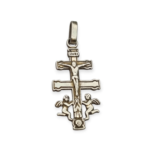 Caravaca cross pendant in 925 silver with a crucified Christ and angels, Spain, 1980s-90s