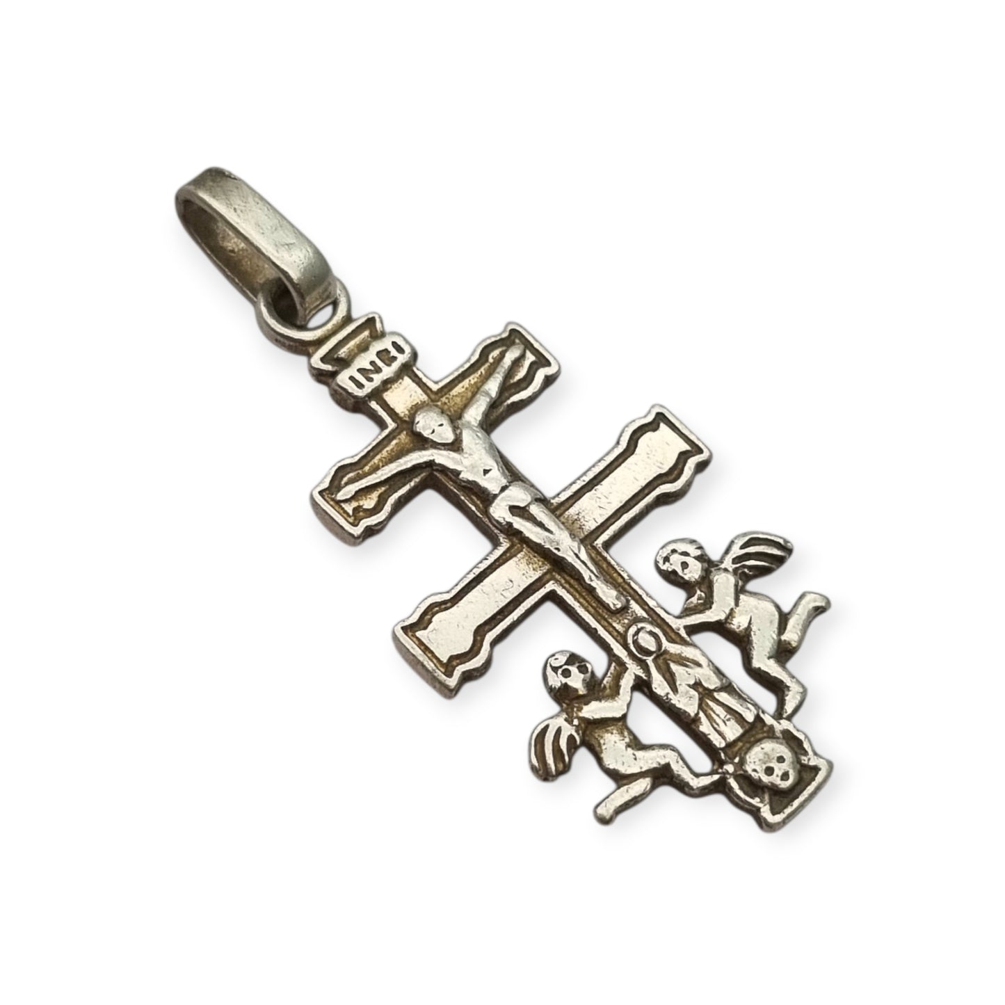 Caravaca cross pendant in 925 silver with a crucified Christ and angels, Spain, 1980s-90s