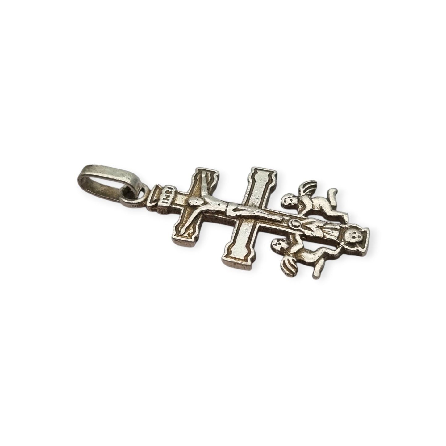 Caravaca cross pendant in 925 silver with a crucified Christ and angels, Spain, 1980s-90s