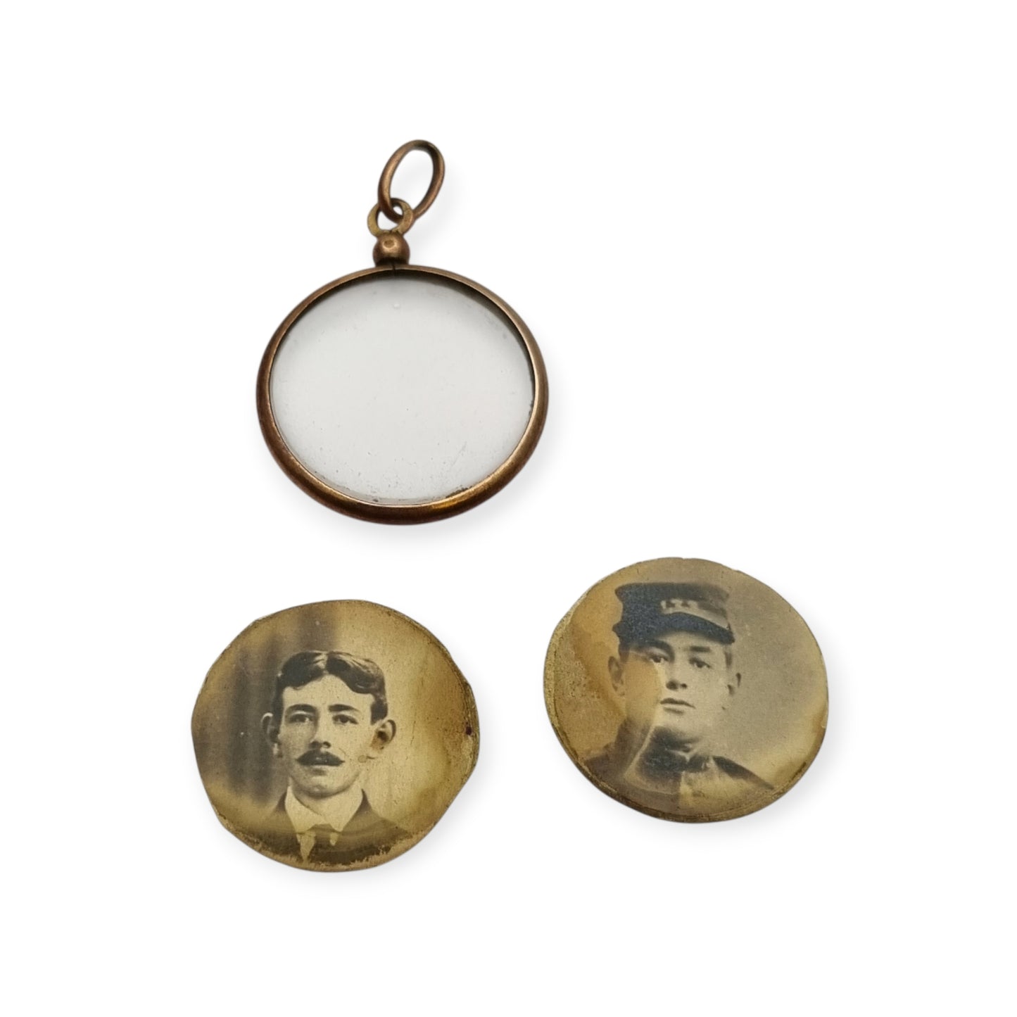 Circular gilded metal and glass locket, antique photo holder, c. 1900