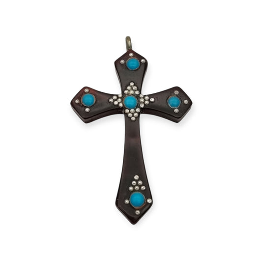 Cruz colgante de galalita con aplicaciones turquesa y detalles metálicos, España circa 1930