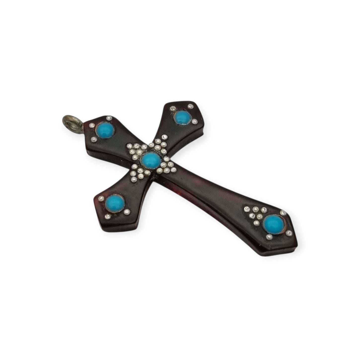 Galalith hanging cross with turquoise applications and metallic details, Spain circa 1930
