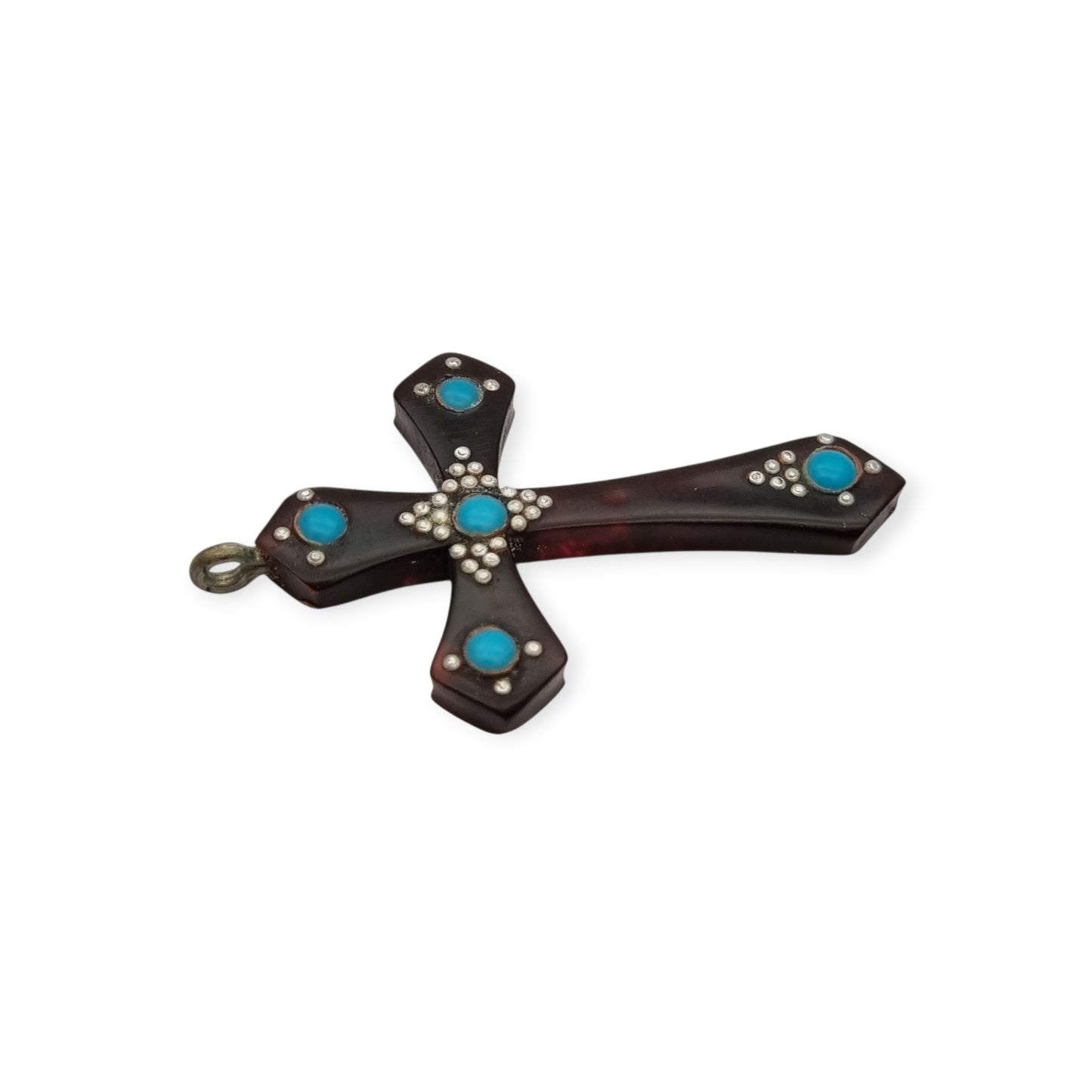 Galalith hanging cross with turquoise applications and metallic details, Spain circa 1930