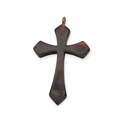 Galalith hanging cross with turquoise applications and metallic details, Spain circa 1930