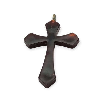 Galalith hanging cross with turquoise applications and metallic details, Spain circa 1930