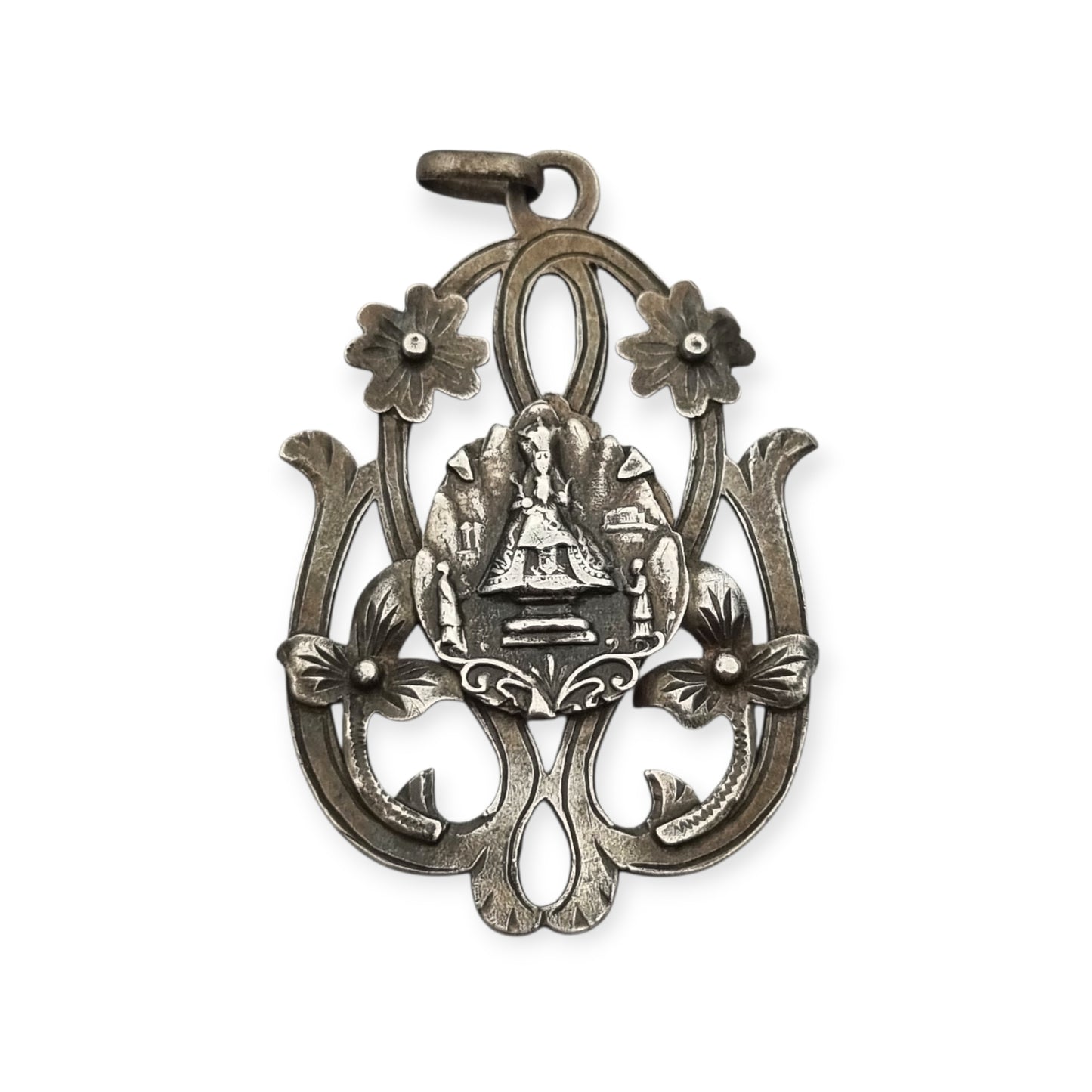 Art Nouveau silver pendant, Our Lady of Montserrat, La Moreneta, religious jewelry, 1920
