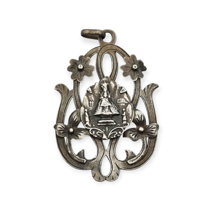 Art Nouveau silver pendant, Our Lady of Montserrat, La Moreneta, religious jewelry, 1920