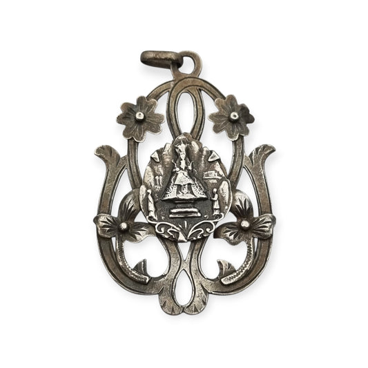 Art Nouveau silver pendant, Our Lady of Montserrat, La Moreneta, religious jewelry, 1920