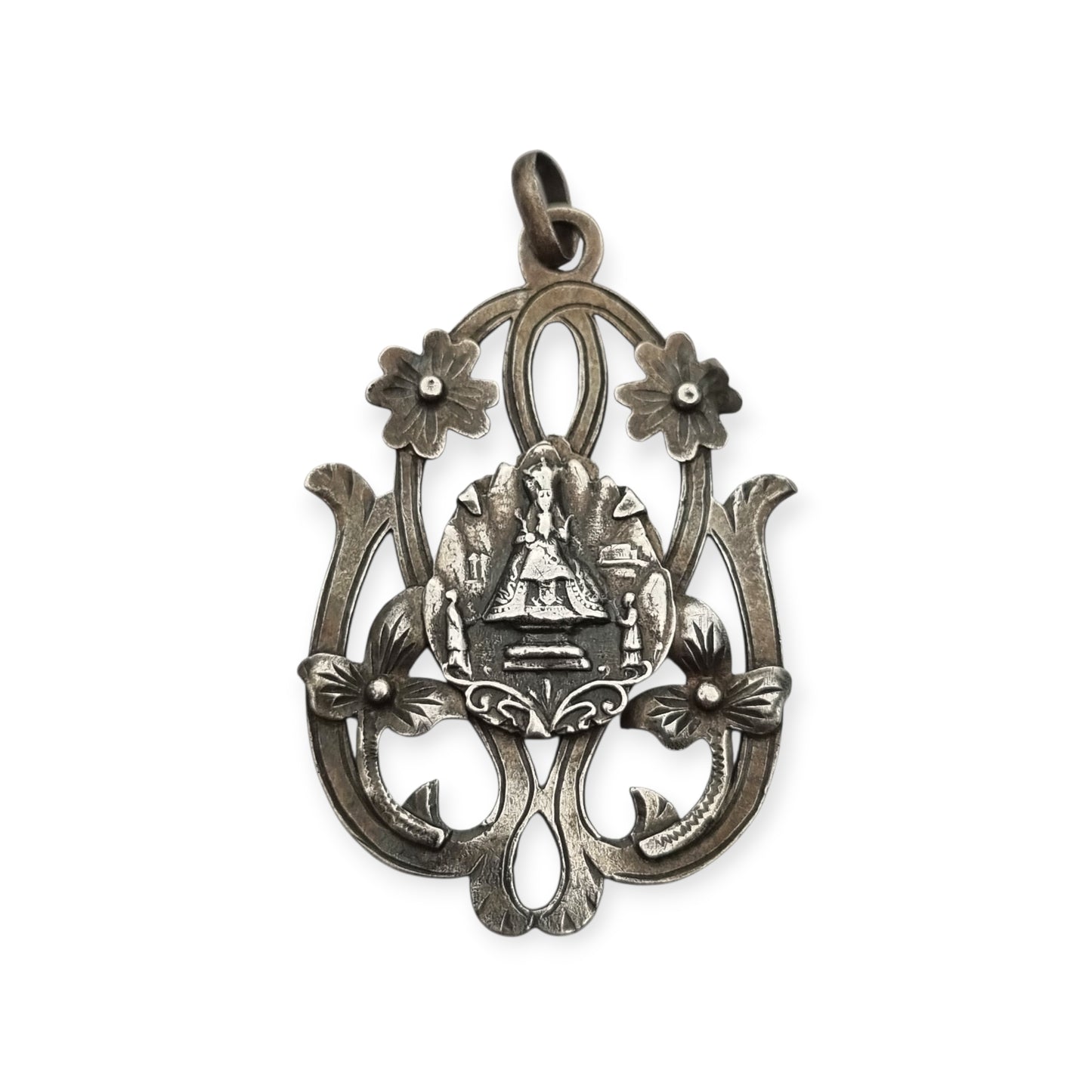 Art Nouveau silver pendant, Our Lady of Montserrat, La Moreneta, religious jewelry, 1920