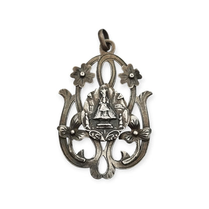 Art Nouveau silver pendant, Our Lady of Montserrat, La Moreneta, religious jewelry, 1920