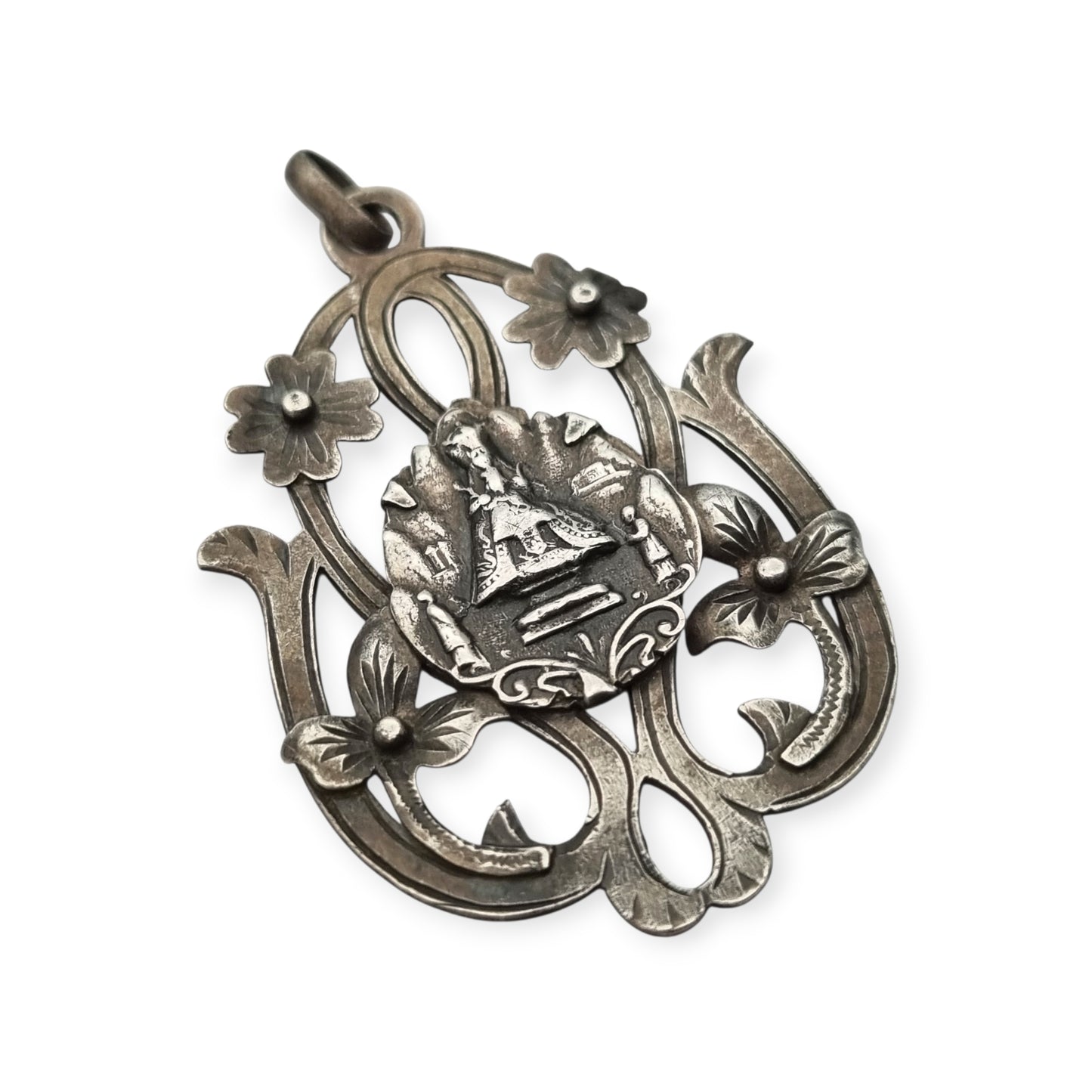 Art Nouveau silver pendant, Our Lady of Montserrat, La Moreneta, religious jewelry, 1920