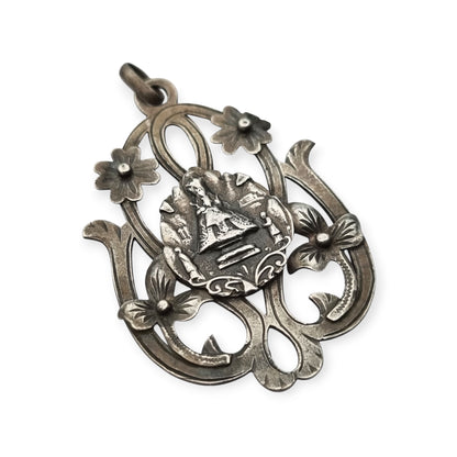 Art Nouveau silver pendant, Our Lady of Montserrat, La Moreneta, religious jewelry, 1920